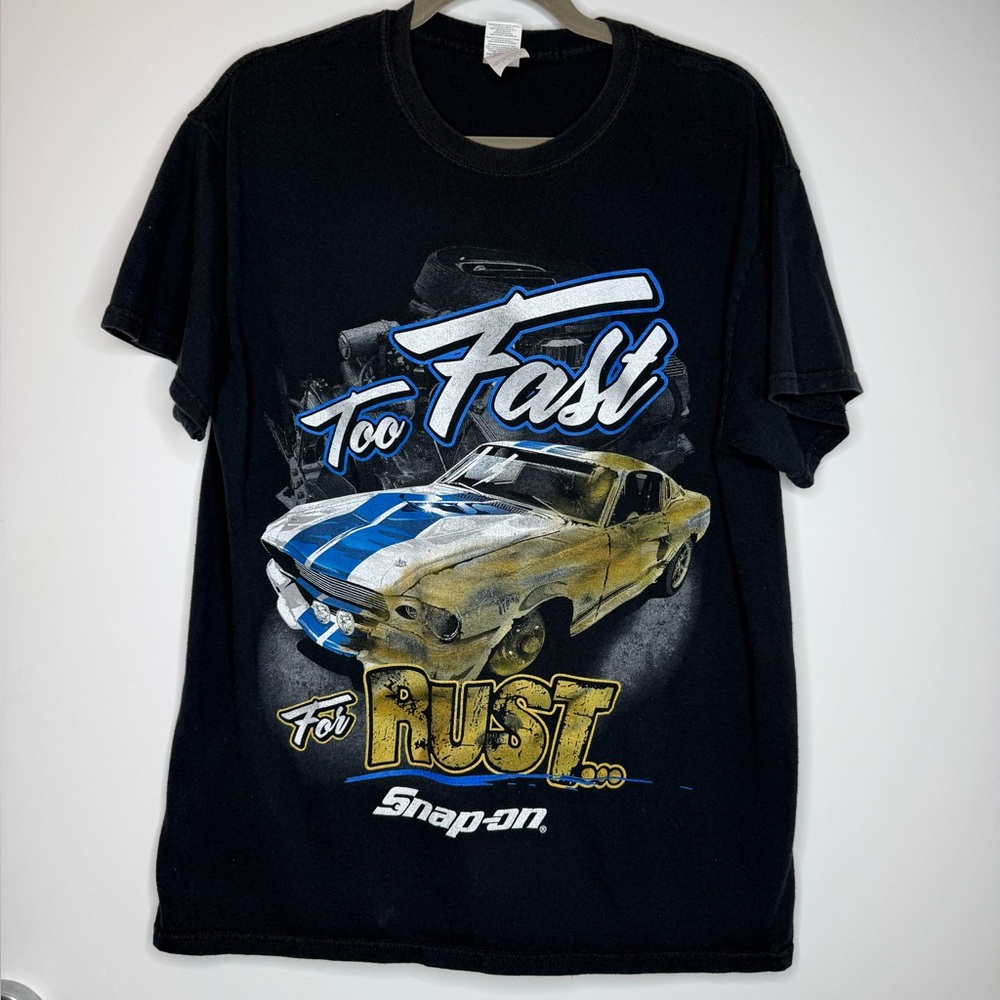 Vintage “Too Fast To Rust” Muscle Car T Shirt Black Hot Rod Graphic Tee Large